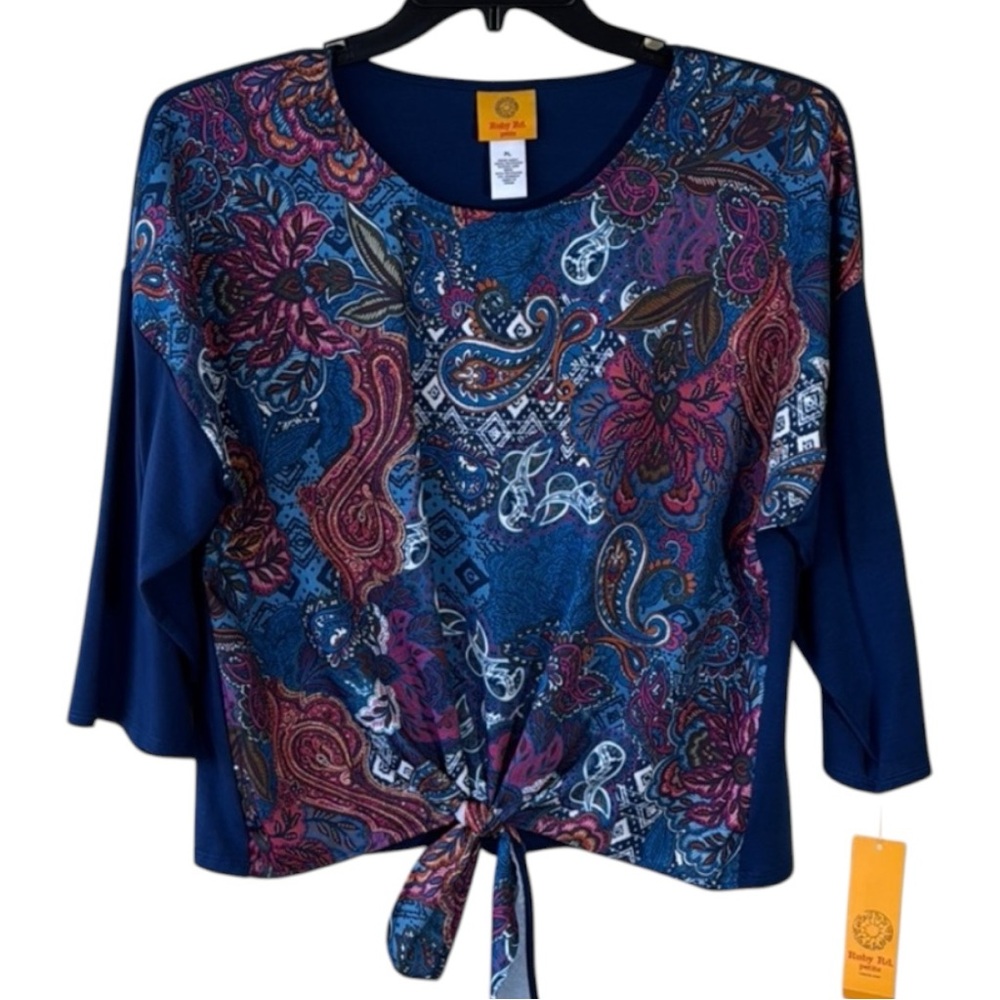 Ruby Rd. Top Blue Paisley 3/4 Sleeve Tie‎ Waist in Size L Petite  NWT